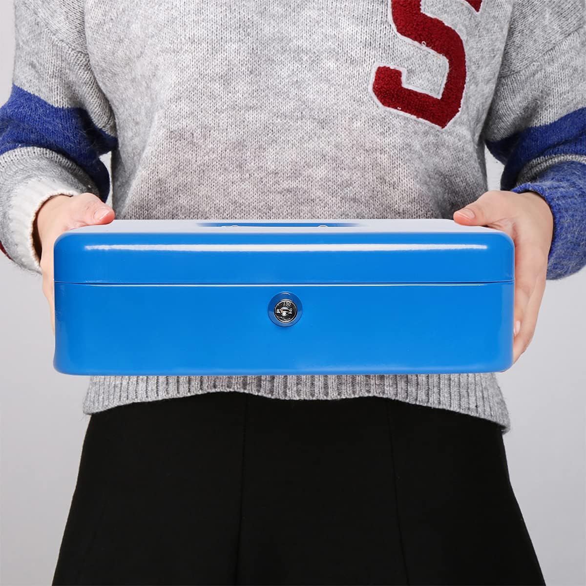 Caja de efectivo con cerradura de llave,Caja de metal duradera con bandeja de dinero,Caja de seguridad de almacenamiento seguro de bloqueo,Azul