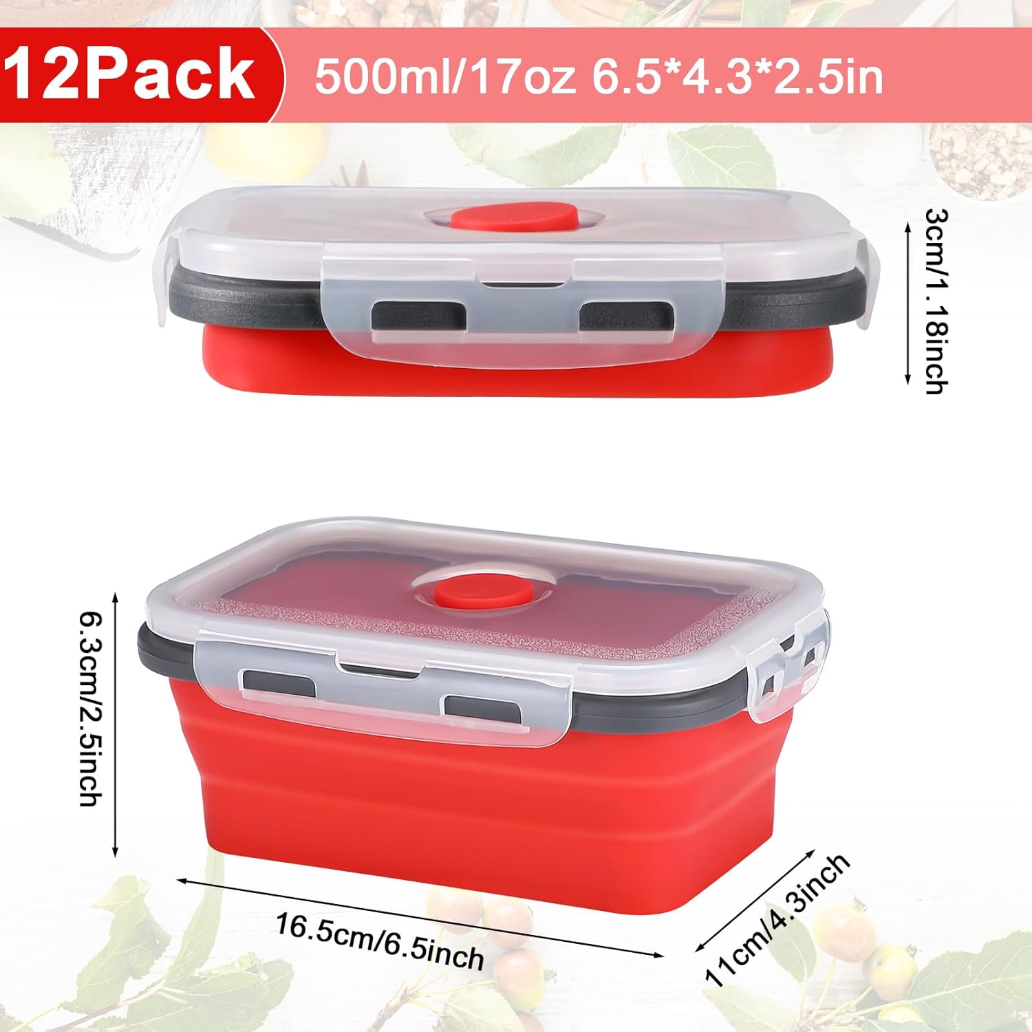 Mifoci Paquete de 12 cuencos plegables a granel con tapas a prueba de fugas, recipientes rectangulares de silicona de 17 onzas para almacenamiento