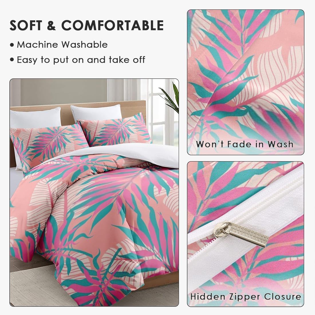 Juego de funda de edredón, juego de ropa de cama floral de verano con palmeras tropicales para niños y adultos, decoración de dormitorio de hojas de