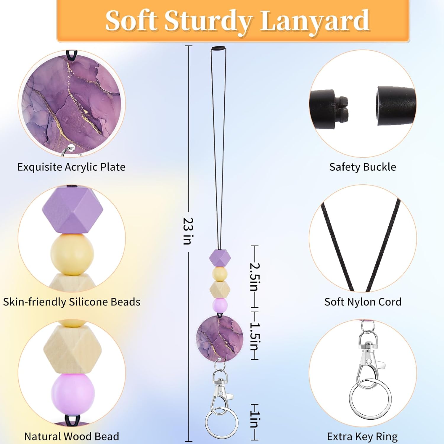 Plifal Cordón para profesor para tarjeta de identificación, diseño de mármol morado para mujer, cordón de cuello con cuentas, soporte estético para