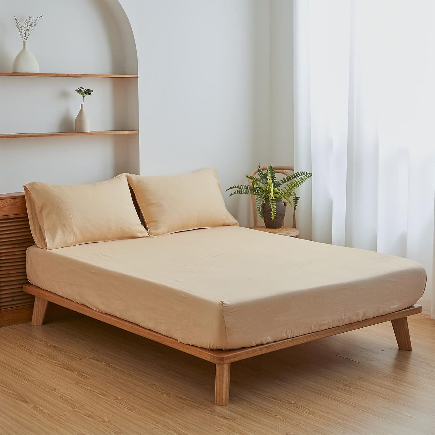 King Linens Sábana bajera de 100 % lino lavado a la piedra, color sólido  (1 pieza) funda de colchón de 14 pulgadas de profundidad suave natural