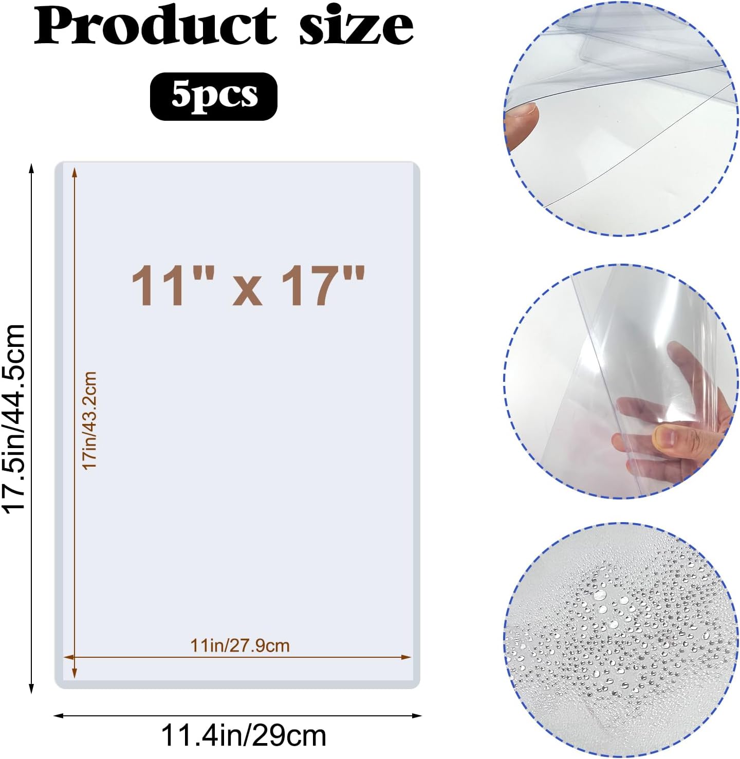 Rainmae Paquete de 5 protectores rígidos de impresión de 11 x 17 pulgadas, protectores de hojas de plástico duro impermeables transparentes, fundas
