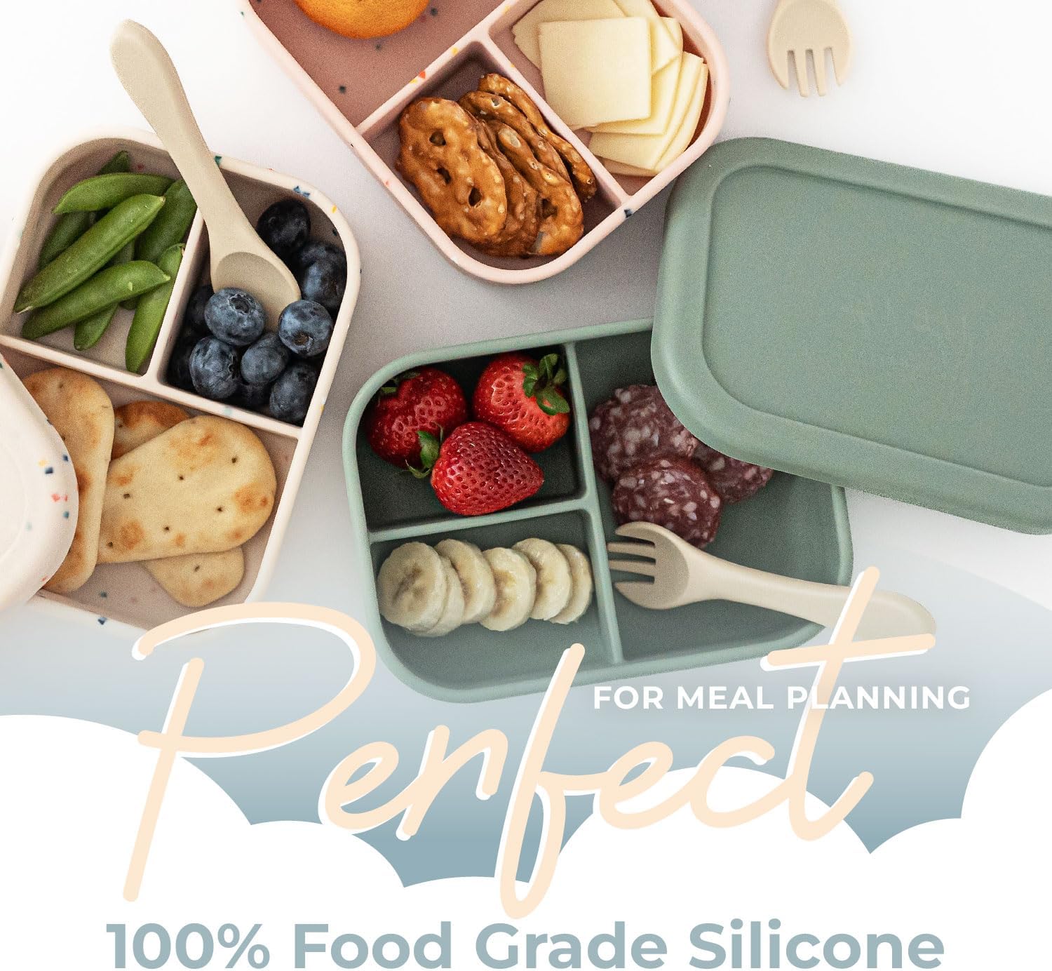 Nyte Nyte Baby Green Kids Bento Box – Lonchera 100% silicona de grado alimenticio para adultos y niños pequeños, con 3 compartimentos, apta para