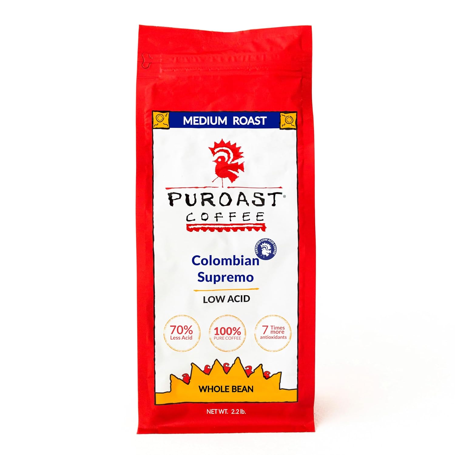 Puroast – Café en grano entero bajo en ácido, supremo colombiano, tostado medio, café certificado bajo en ácido, pH 5.5+, salud intestinal, 2.2