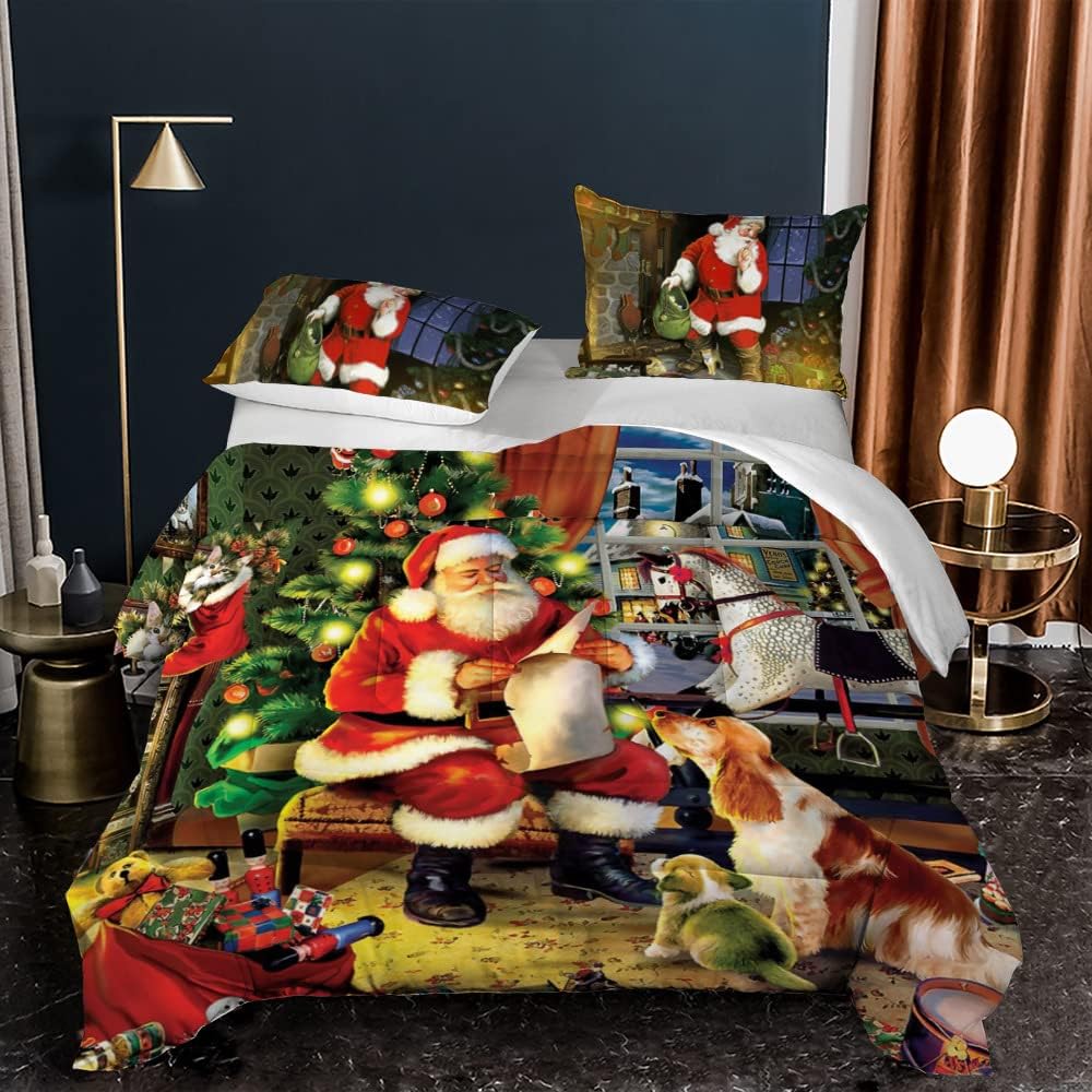 Juego de edredón de decoración de habitación de Año Nuevo, tamaño individual, diseño de chimenea de Papá Noel, alce de Papá Noel, para niños y