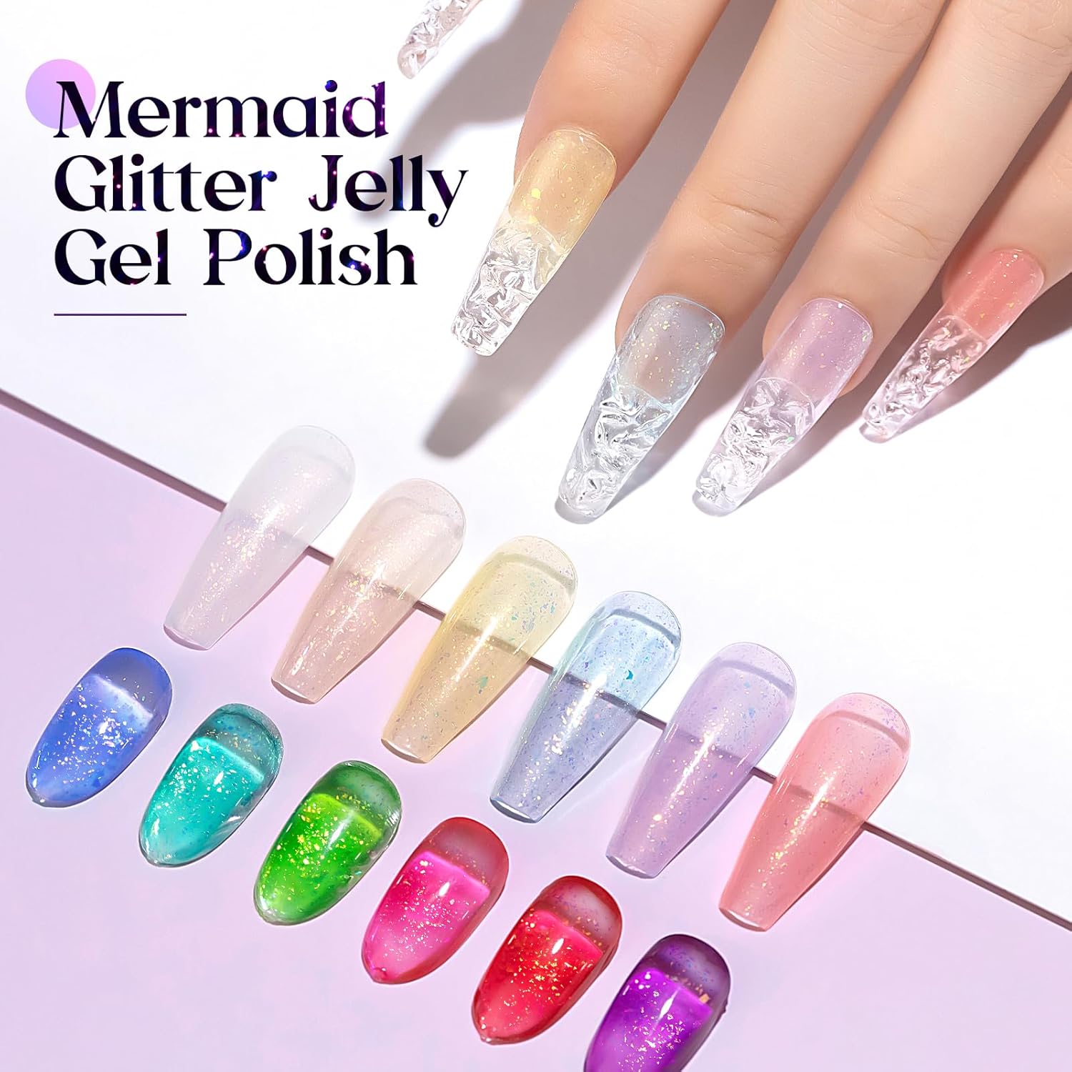 MIZHSE 12 esmaltes de gel de gelatina con purpurina, arte de uñas iridiscente brillante transparente, juego de manicura de verano de gel de