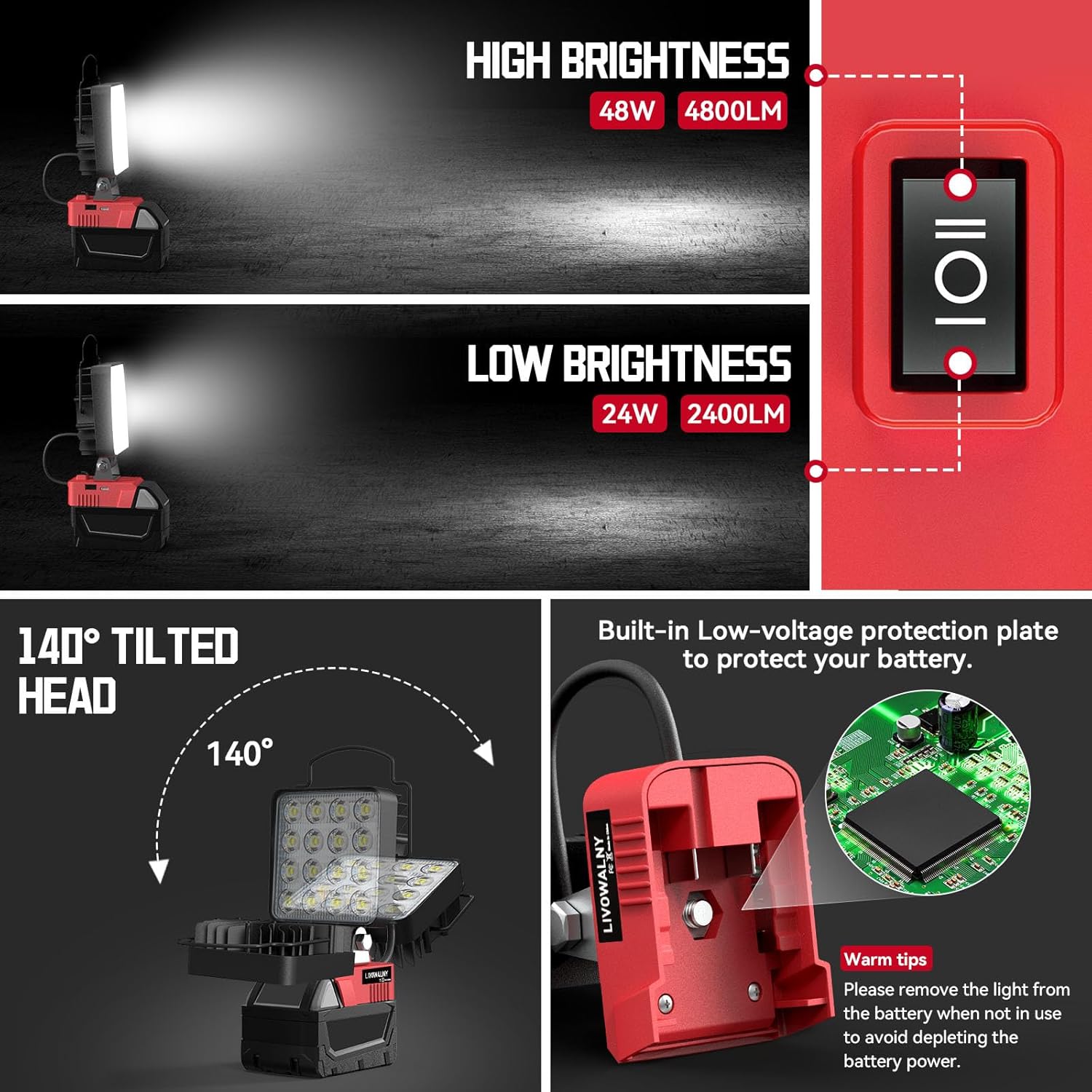 Luz de trabajo LED inalámbrica para batería Milwaukee M18, LIVOWALNY 48W 48000LM Luz de inundación de batería de 4 pulgadas para luz M18 con puerto