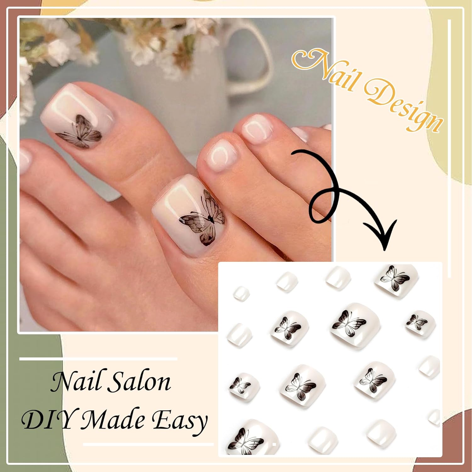 RODAKY Uñas postizas a presión para mujer, uñas postizas blancas para los dedos de los pies, cubierta completa, mariposa negra, uñas postizas, punta