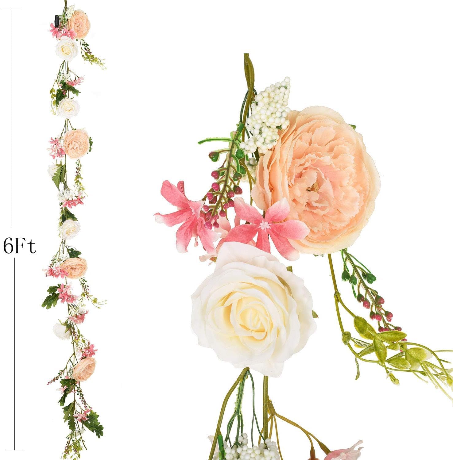 Artiflr Paquete de 2 guirnaldas de peonías artificiales, guirnalda de vegetación floral, guirnalda de rosas con flores de peonía mixtas y hojas