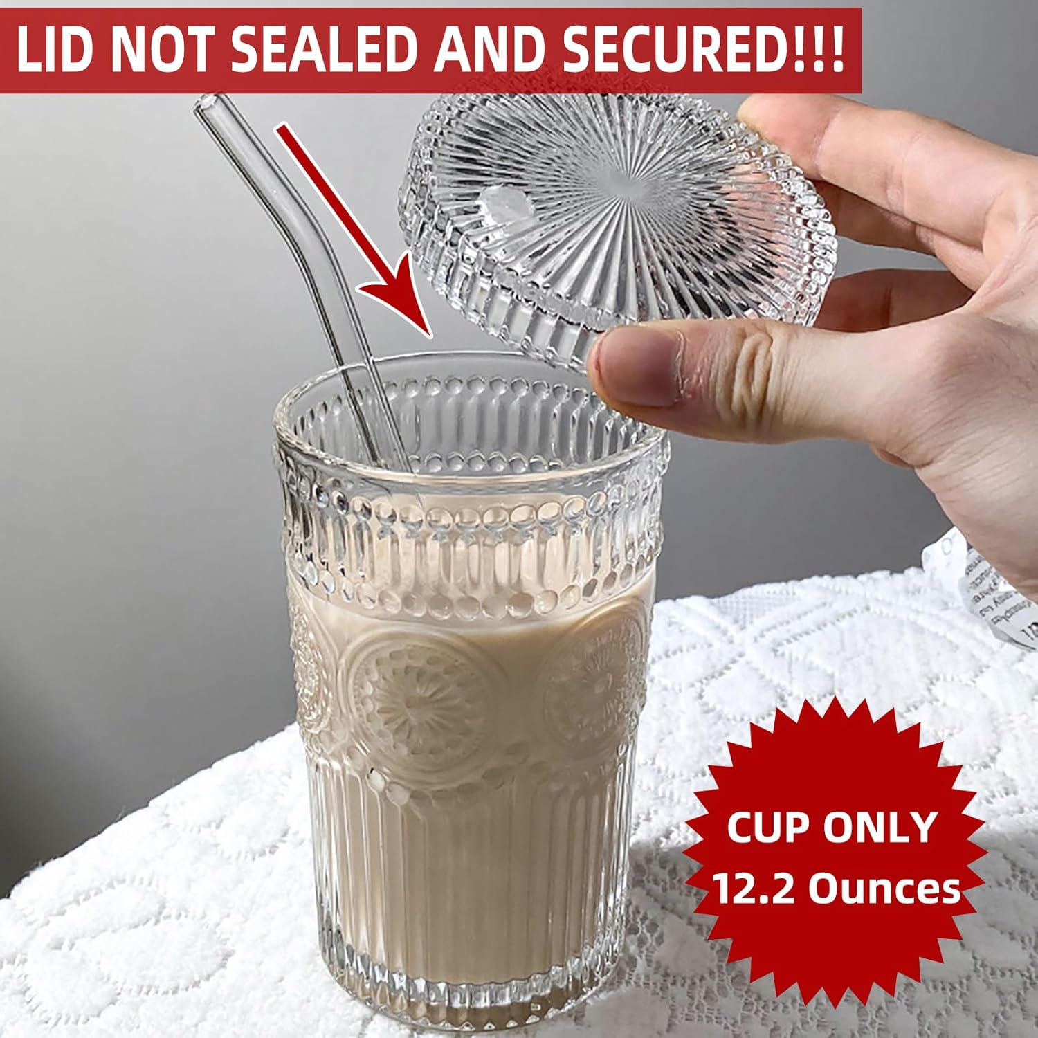 Vaso de vidrio vintage a rayas, taza de café con tapa y pajita, tapas que no aseguran para agua, café helado, leche, té, jugo (B-Vintage)