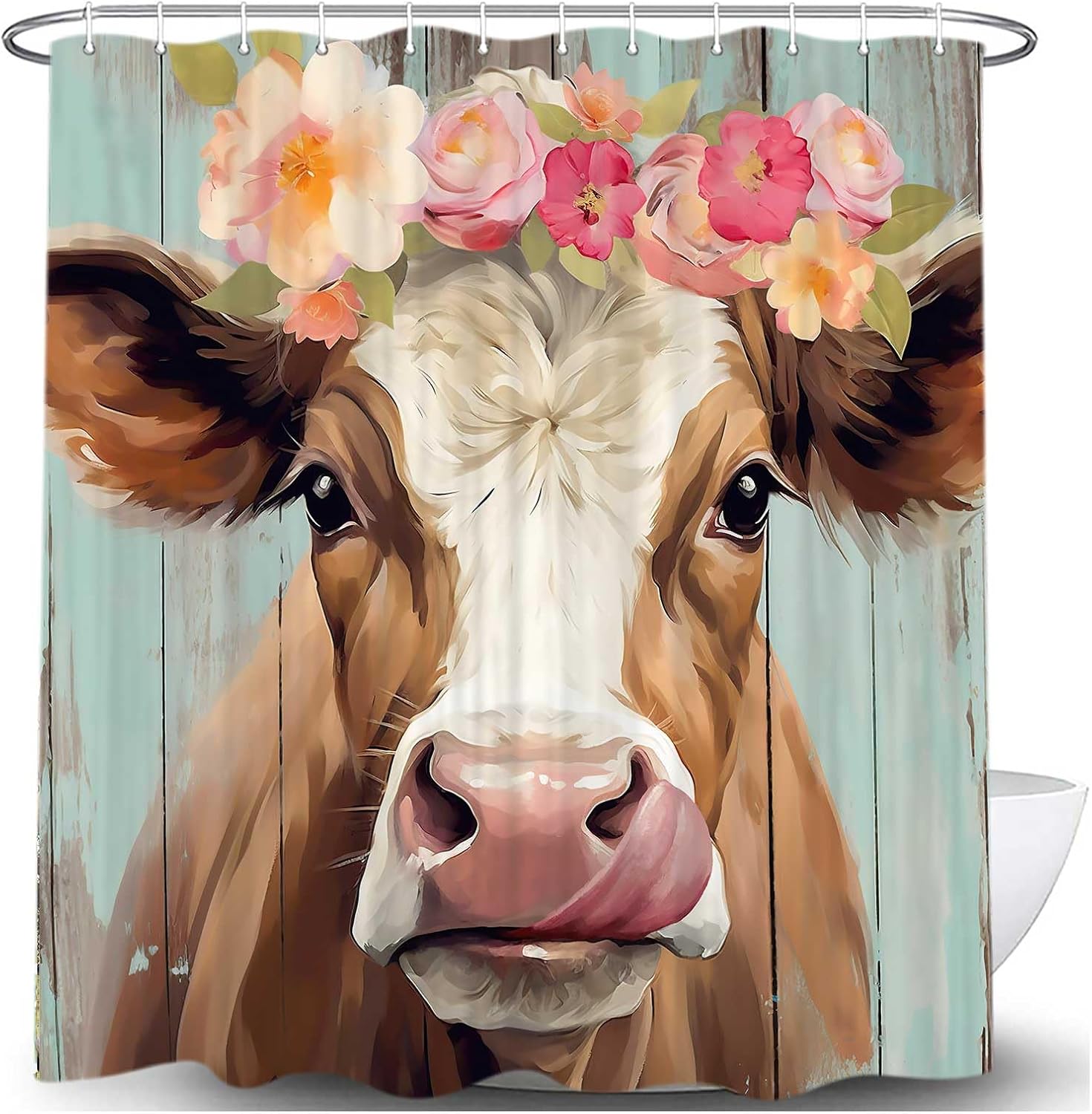 JAWO Cortina de ducha de vaca de granja para baño, bonito juego de cortinas de ducha de tela de granja rústica sobre madera, divertidos accesorios