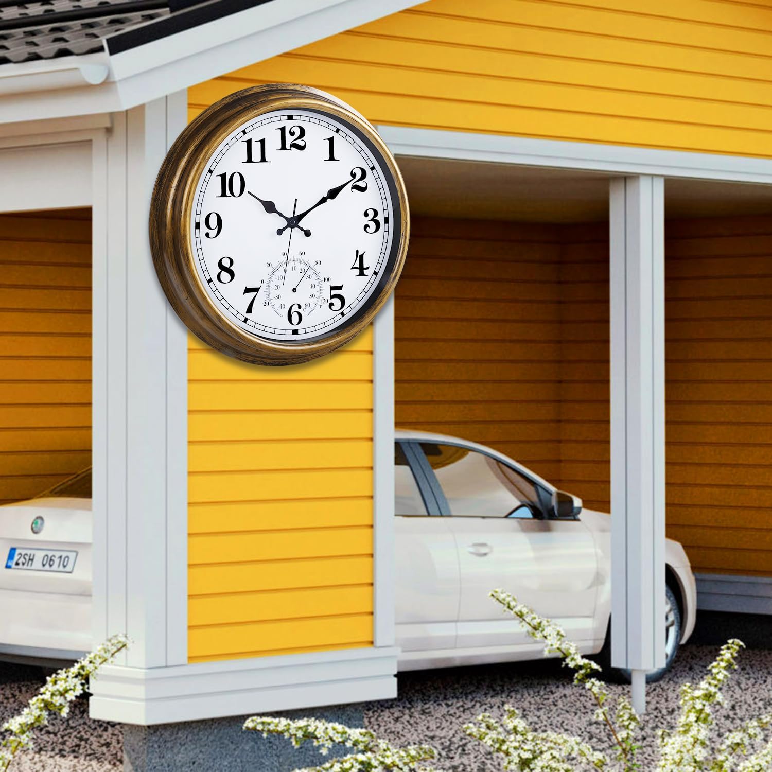 Reloj grande de 16 pulgadas para exteriores, reloj retro impermeable para interiores y exteriores, reloj sin tictac con termómetro, reloj de pared a