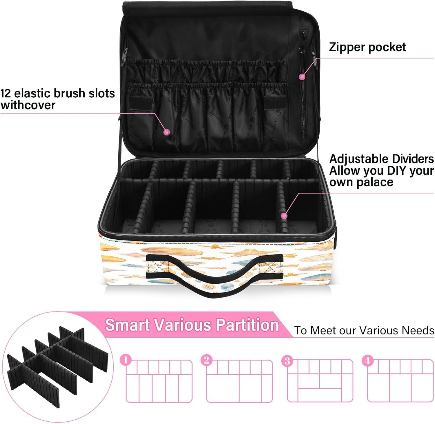 Shells Ocean Waves Beach Starfish White cosmetic bag travel toiletry makeup make up travel bag bag with compartments large travel makeup bag bolso