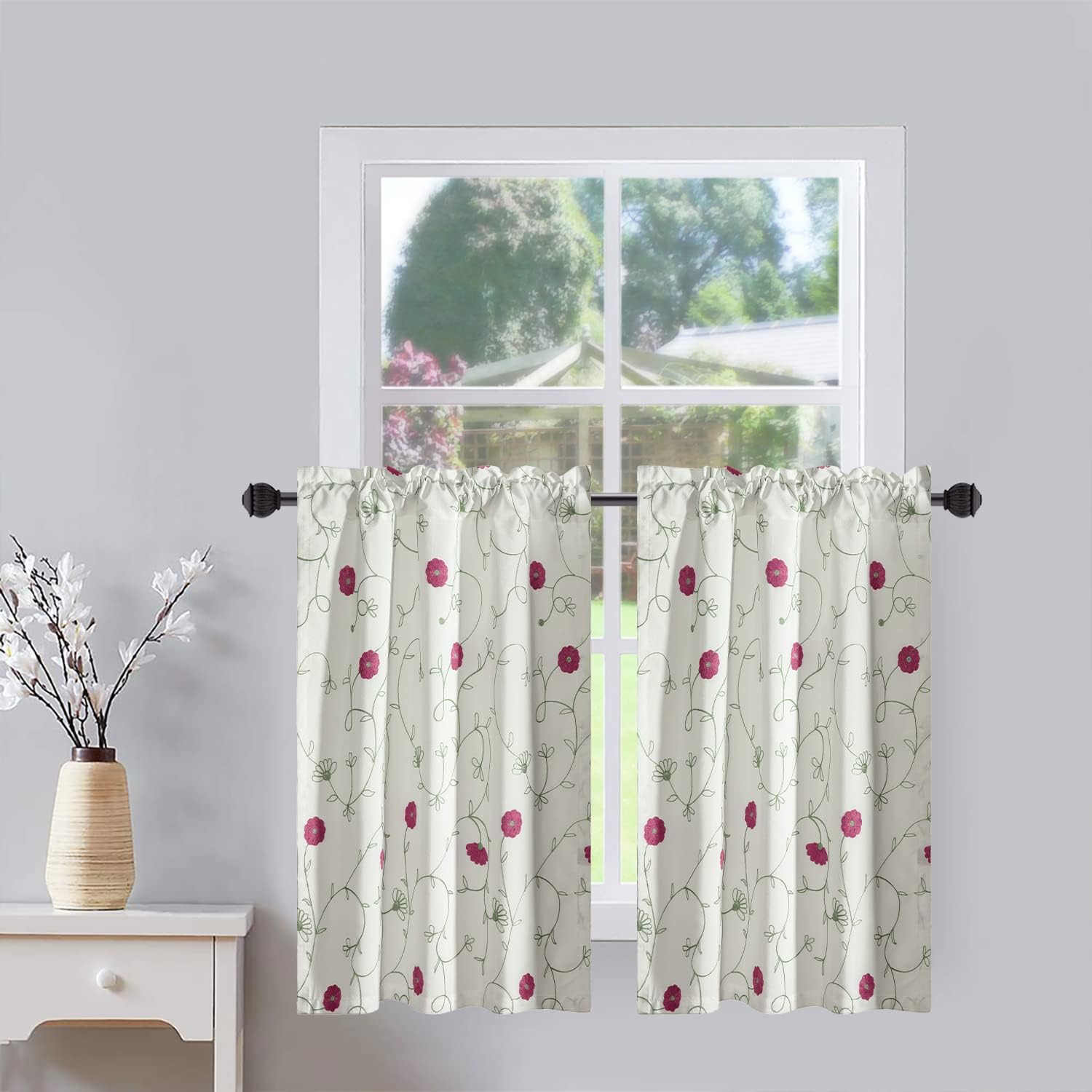 VOGOL – Cenefa de cocina bordada con diseño floral para ventanas, cenefas de lino para sala de estar, cenefas de bolsillo para ventanas pequeñas,