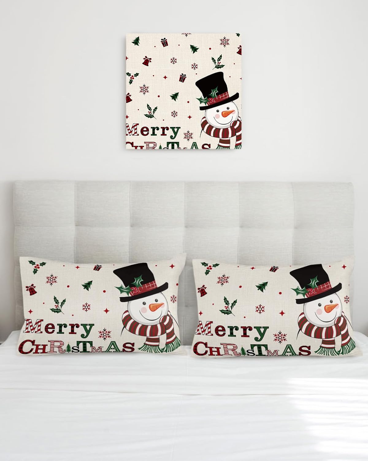 Juego de 2 fundas de almohada de lino con diseño de muñeco de nieve, árbol de Navidad, copos de nieve, rústicas, de 12 x 20 pulgadas, fundas de