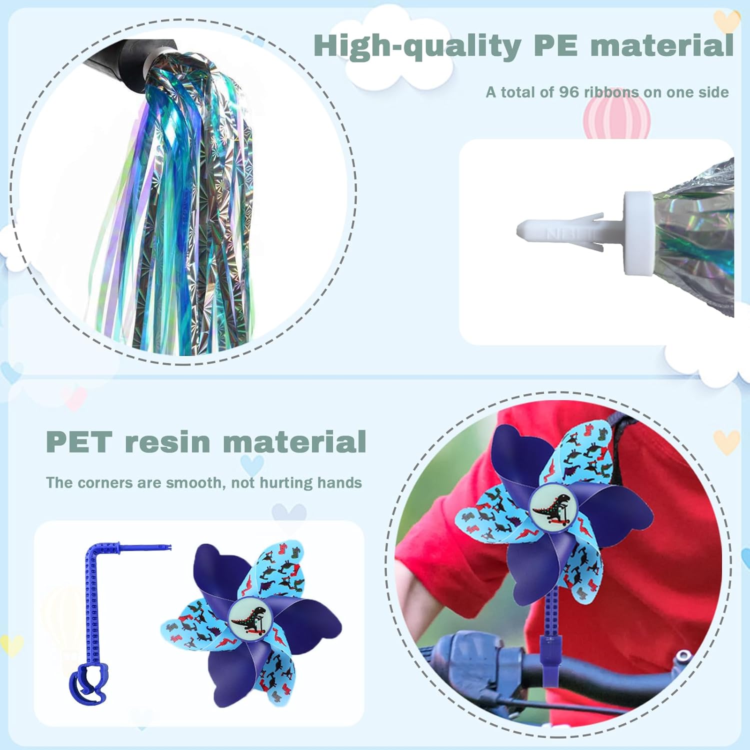 Campana de bicicleta para niños con 2 serpentinas de bicicleta para niñas, molinete de bicicleta para niños y niñas, accesorios de bicicleta para