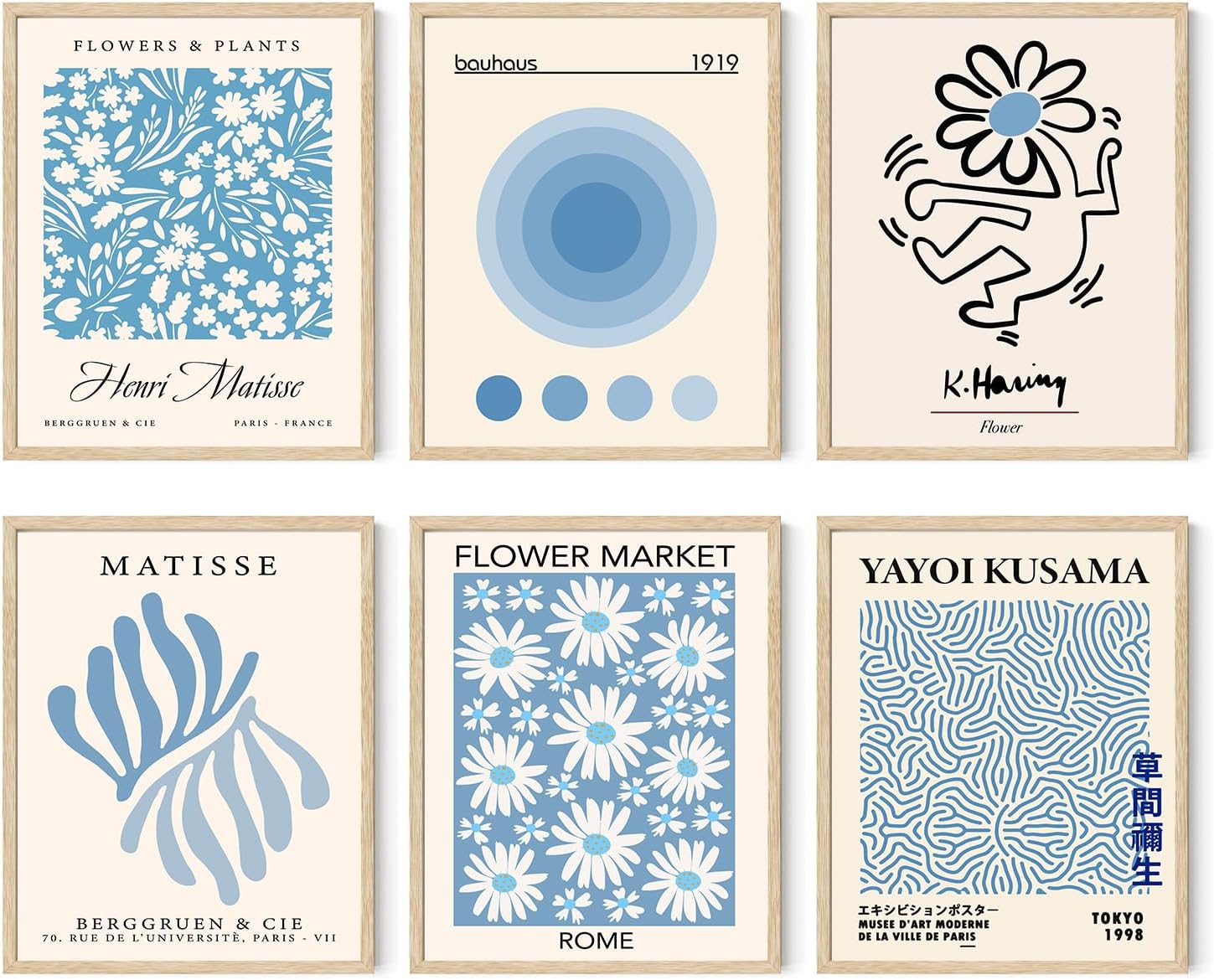 Iknostine Juego de 6 impresiones artísticas de pared de artistas famosos Matisse abstractas en lienzo estético azul Foral Flower Market Morris