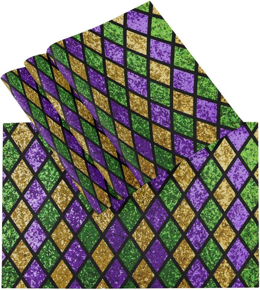 Happy Gardi Gras – Juego de 4 manteles individuales dorados, morados, verdes, máscara de flor de Lis con cuentas de confeti y plumas para fiesta de
