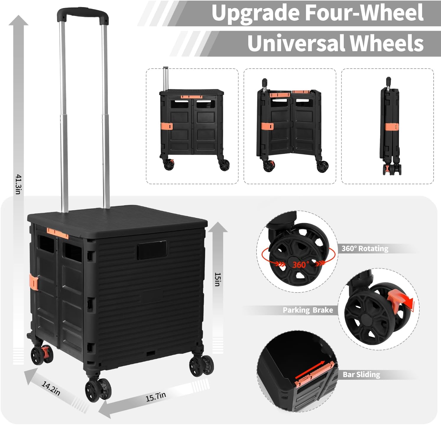 Carrito utilitario de caja rodante, cesta plegable para profesores, con tapa, resistente al desgaste, sin ruido, rueda giratoria de 360, mango