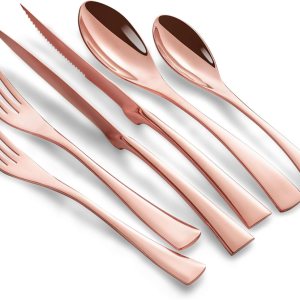 Joincook Juego de cubiertos de 24 piezas de oro rosa con cuchillos de carne para 4, moderno juego de cubiertos de acero inoxidable 1810, juego de Joincook Juego de cubiertos de 24 piezas de oro rosa con cuchillos de carne para 4, moderno juego de cubiertos de acero inoxidable 1810, juego de