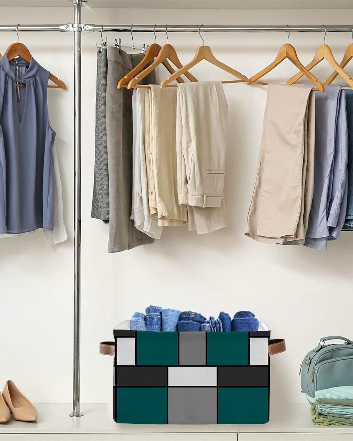 Cesta de almacenamiento geométrica gris turquesa para organizar estantes, cajas de almacenamiento plegables con asa, cesta de lona moderna blanca