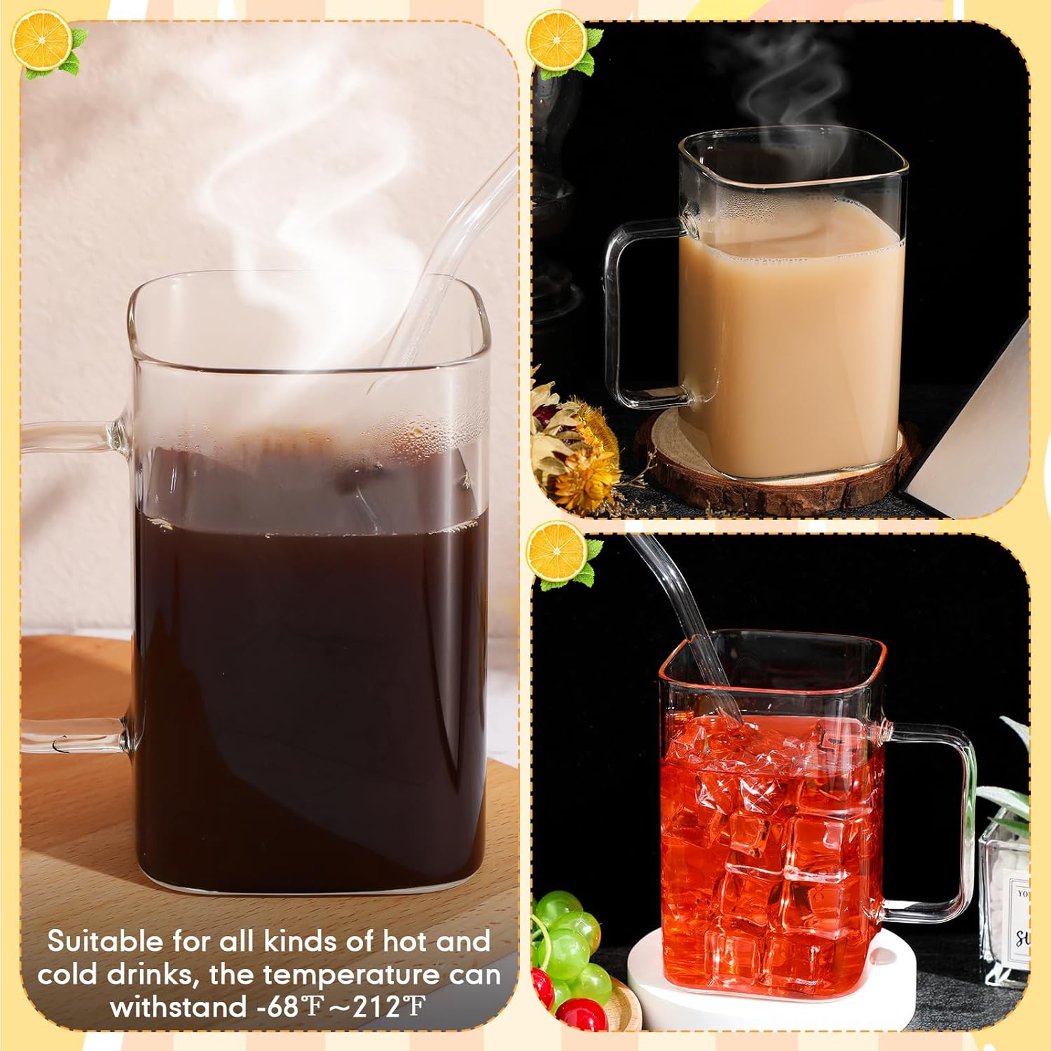 Gejoy 6 tazas cuadradas de vidrio con pajitas, vasos de cóctel finos y bonitos, vasos de café helado portátiles con asa y cepillos para pajilla,
