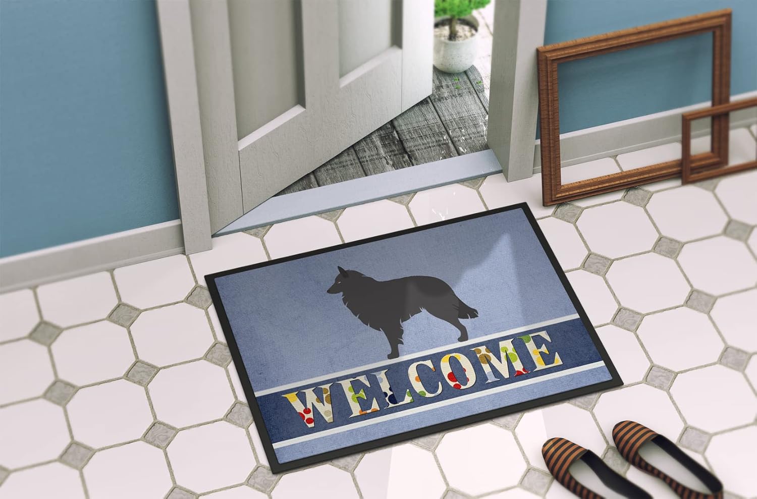 Caroline’s Treasures BB8301MAT Groenendael – Felpudo de pastor belga de 18 x 27 pulgadas, tapete azul para puerta delantera, para interiores y