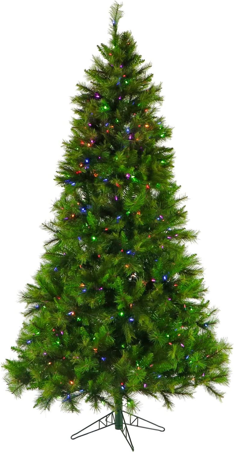 Fraser Hill Farm Árbol de Navidad artificial de pino cañón de 6.5 pies con doble luces LED multicolor y blanco cálido y soporte, árbol falso