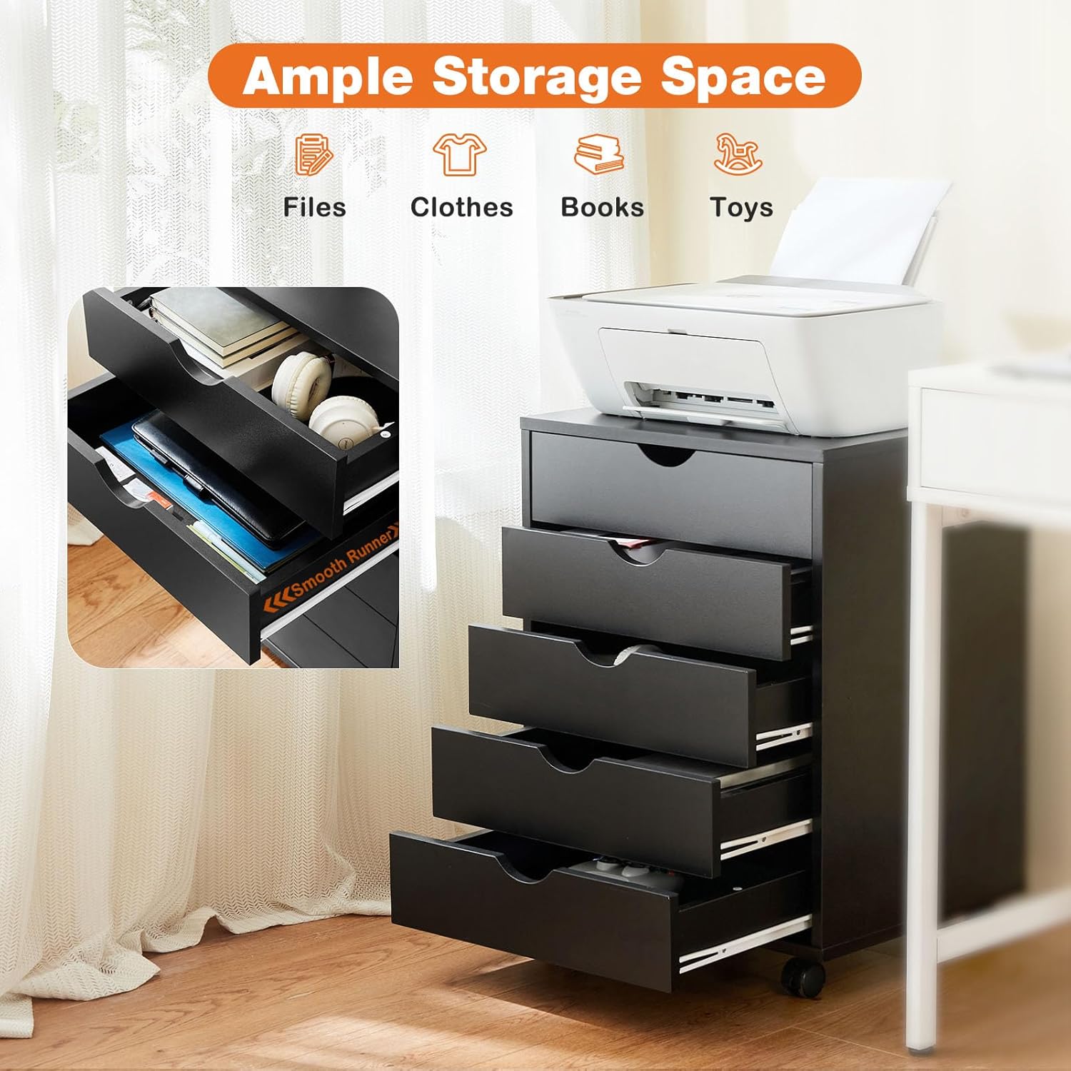 Sweetcrispy Cómoda de 5 cajones – Armarios de almacenamiento de madera con ruedas, organizador de habitación, cajones pequeños rodantes, muebles de