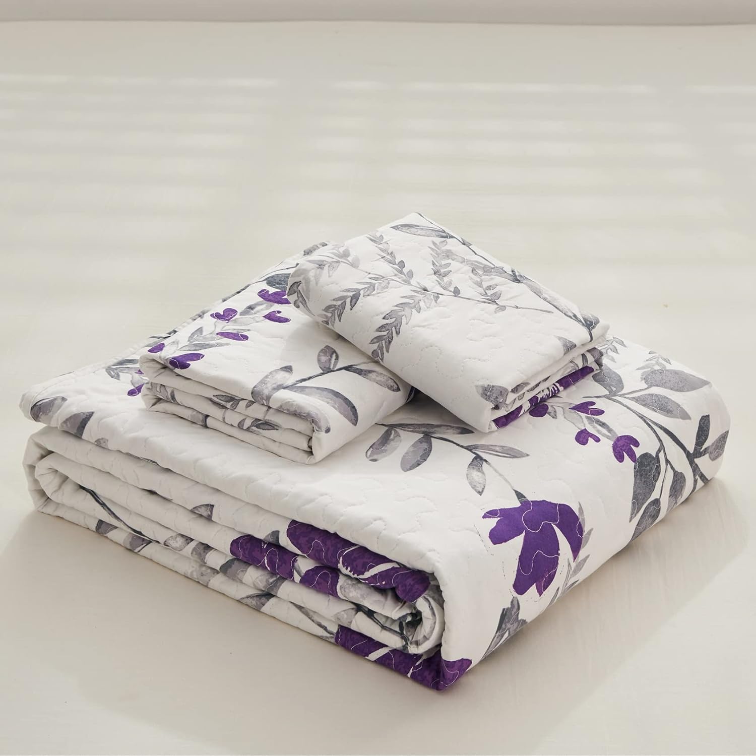 Colchas de cama con estampado floral, tamaño King, color morado y gris, colcha de hojas transpirable, cubrecama bontánica, manta de microfibra