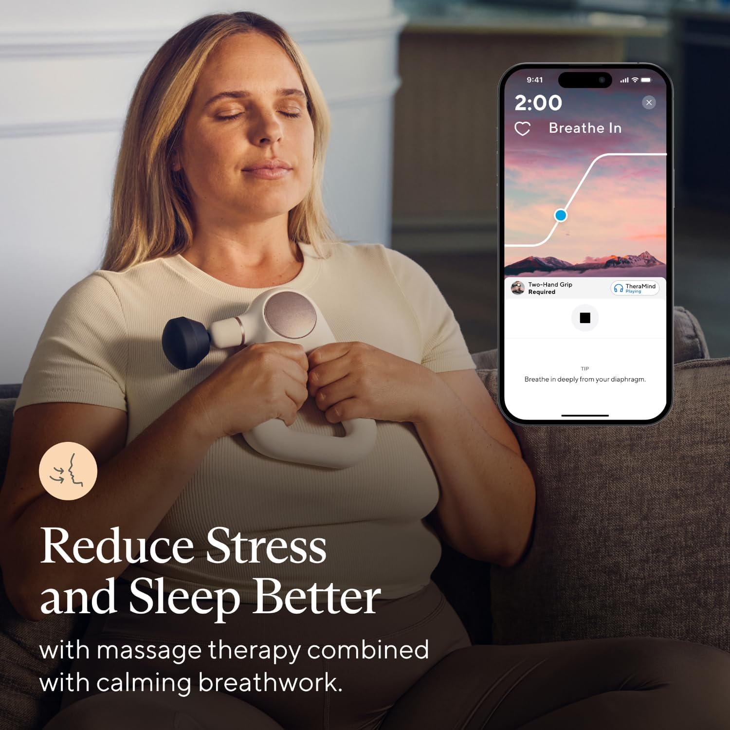 Theragun Sense Percussion Pistola de masaje  Masajeador personal de tejido profundo con rutinas de respiración precargadas para aliviar el estrés,
