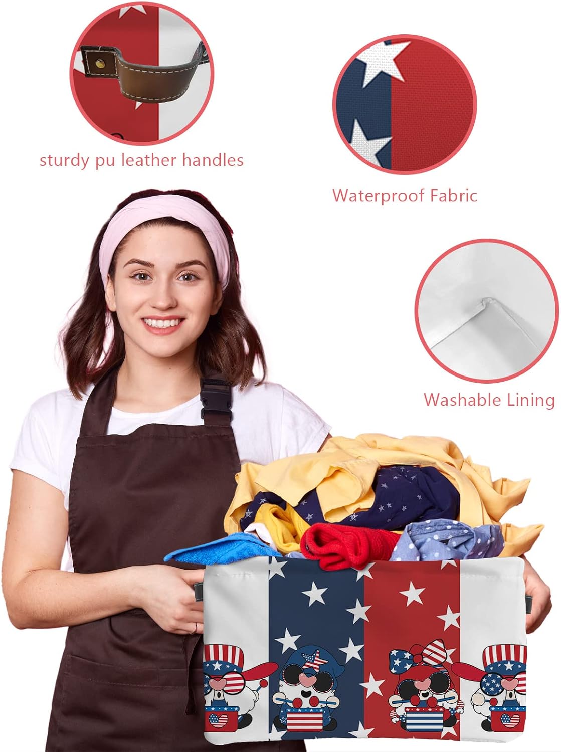 Cesta de almacenamiento para organizar estantes, cajas plegables con asa, gnomos del día de la independencia, estrella, rojo, blanco, azul, rayas,