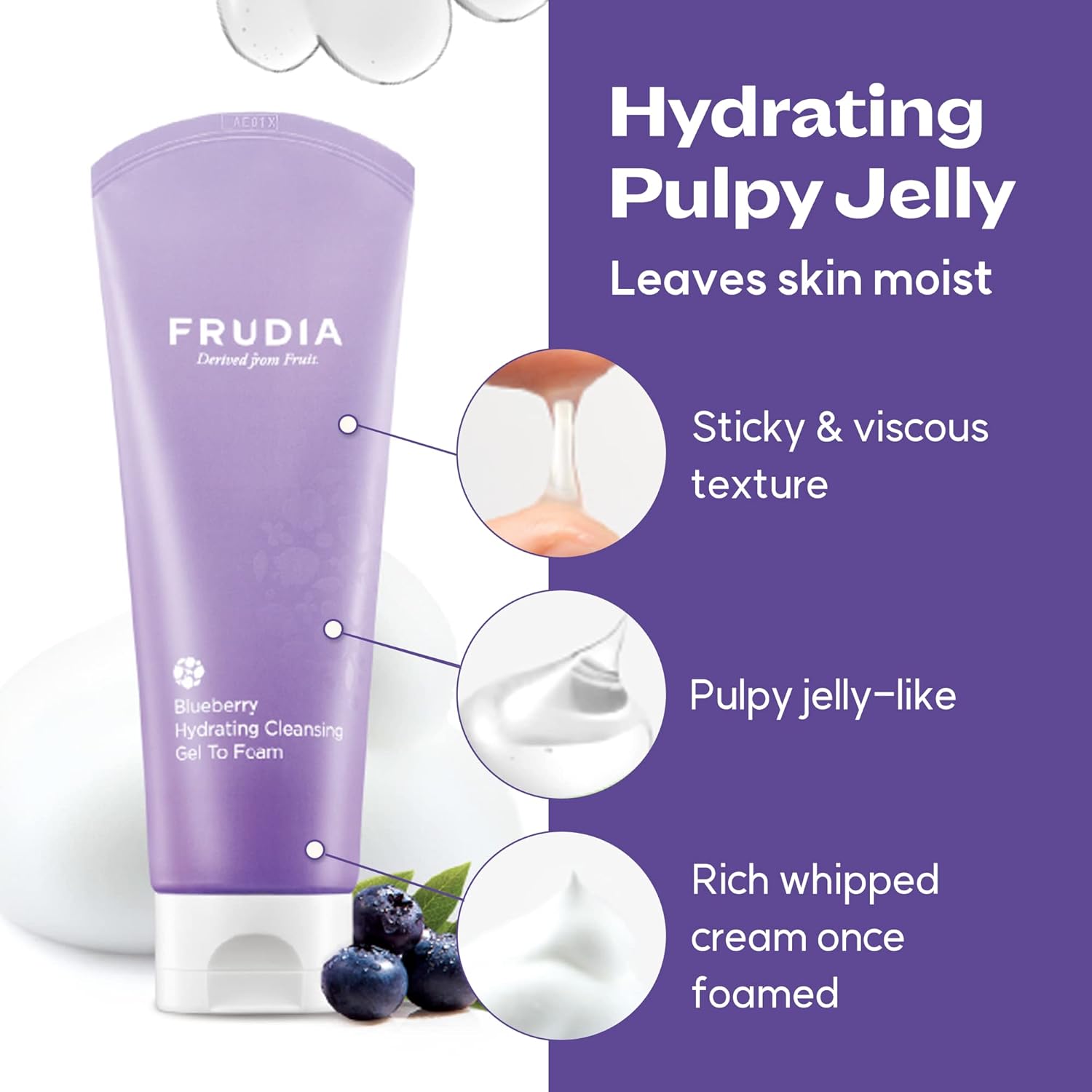 WELCOS FRUDIA Blueberry Gel limpiador hidratante a espuma  Limpiador facial hidratante para hombres y mujeres  Lavado facial para piel seca, piel