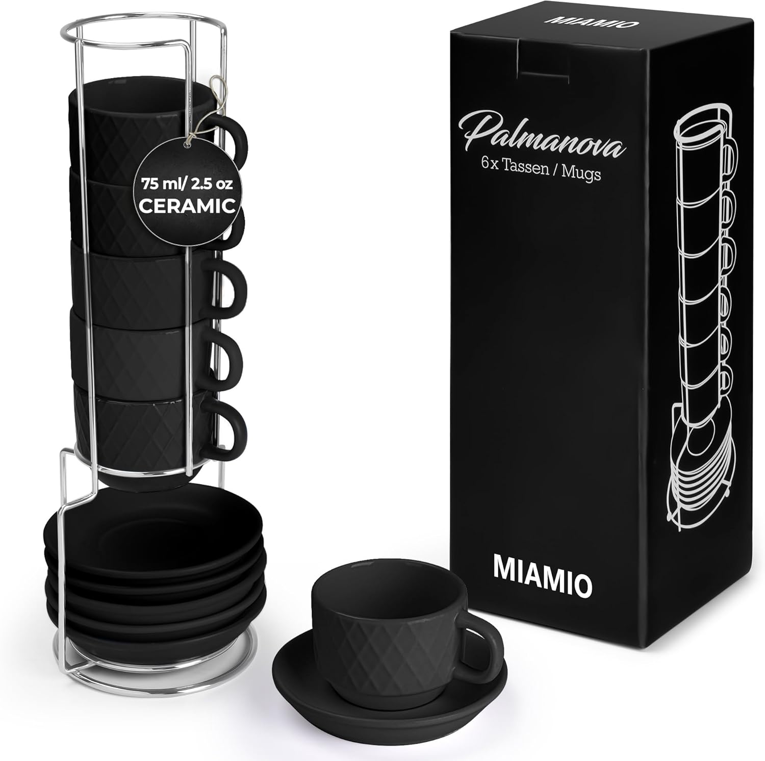 MIAMIO – 6 tazas de café expreso de gres de 2.5 onzas, juego moderno de tazas con soporte y platillos – Colección Palmanova (negro)