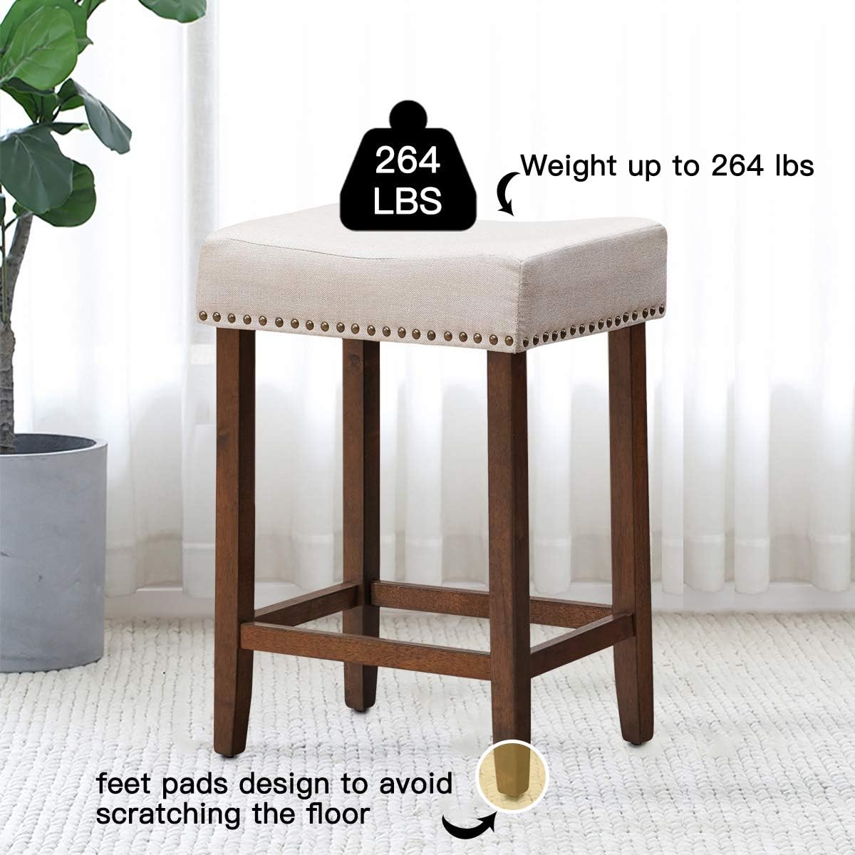 COSTWAY Juego de 2 taburetes de bar de altura de mostrador, taburetes de silla sin respaldo de 24 pulgadas de altura con ribete de cabeza de clavos