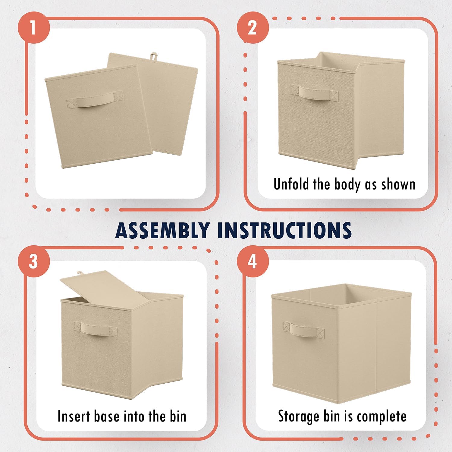 Ornavo Home Kallax – Caja de almacenamiento plegable plegable con asas dobles, juego de 6 unidades, 13 x 15 x 13 pulgadas, color beige