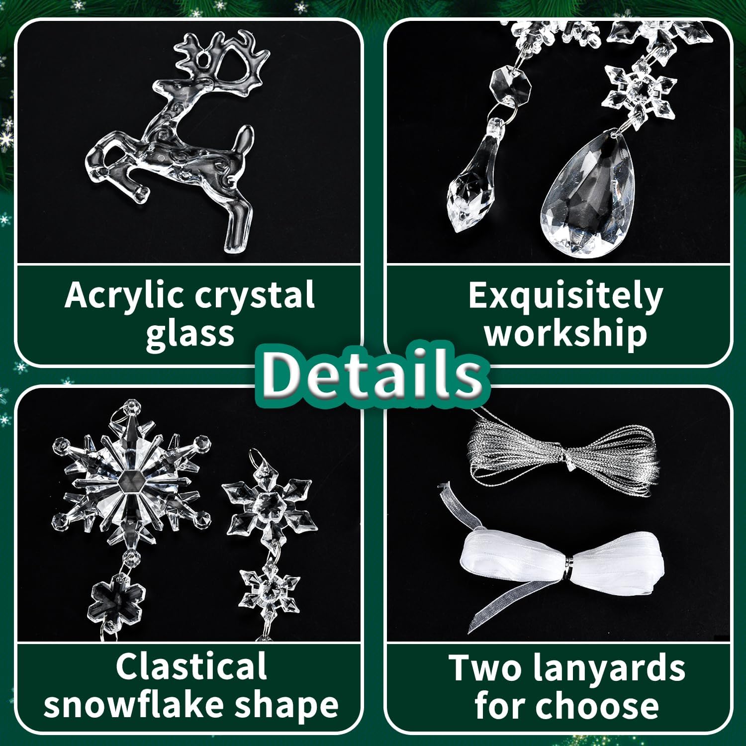 18 adornos de cristal de Navidad, decoración de árbol de Navidad, copos de nieve acrílicos, carámbanos, adornos de cristal transparente para