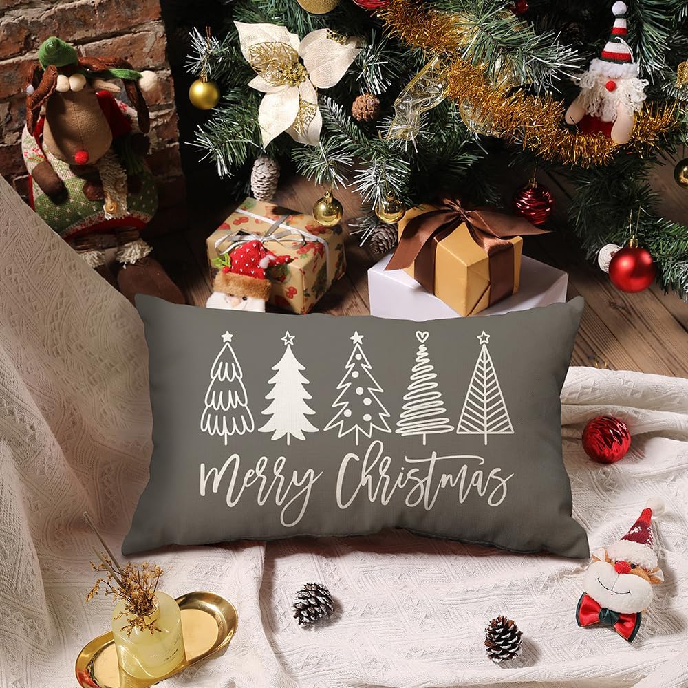 DFXSZ Fundas de almohada de Navidad de 12 x 20 pulgadas, diseño de árbol de Navidad, color gris, decoración de invierno y Navidad para el sofá del