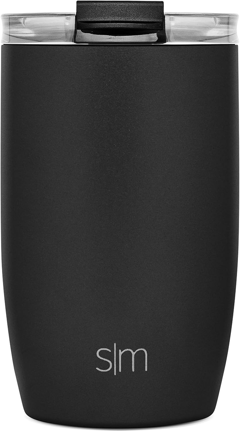 Simple Modern Voyager – Taza de viaje aislada con popote y tapa abatible transparente  Taza de café de acero inoxidable de 12 onzas, color negro