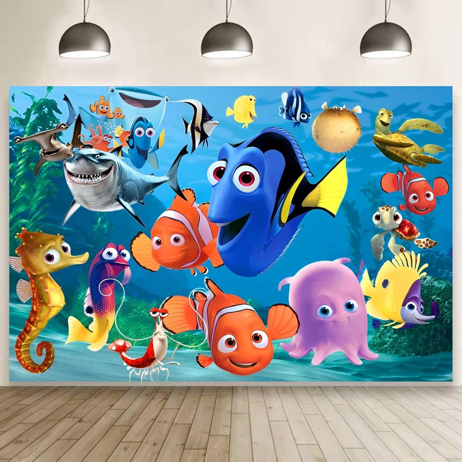 Finding Nemo – Decoraciones de cumpleaños con texto en inglés Buscando a Dory con texto en inglés Finding Nemo (5 x 3 pies)