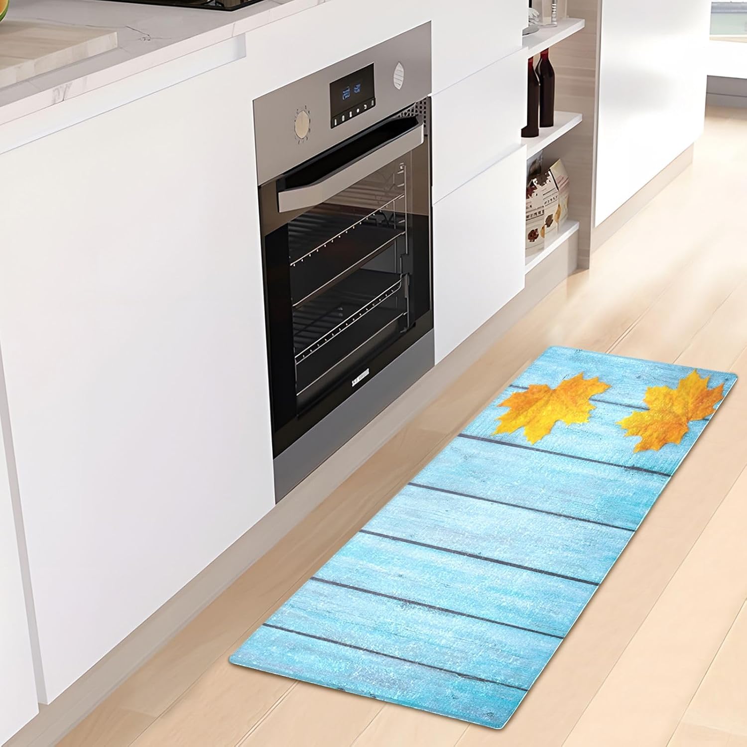 Fluffy Floor Carpet 39x20in-Vintage Wooden Board with Yellow Maple LeavesFront Door Mat Indoor Machine Washable Carpet,Aesthetic Rug
