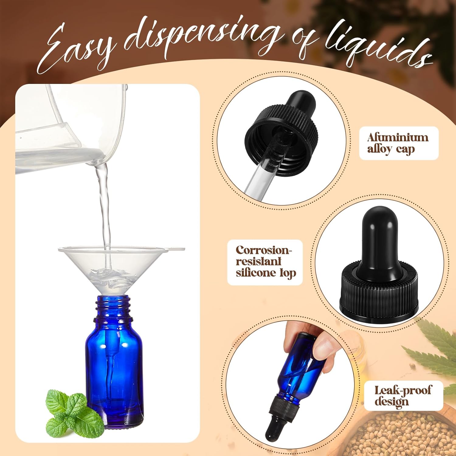 Lallisa Paquete de 100 botellas con cuentagotas de aceite esencial con dispensador de cuentagotas de ojos con 5 embudos, 5 pipetas de 0.1 fl oz, 100