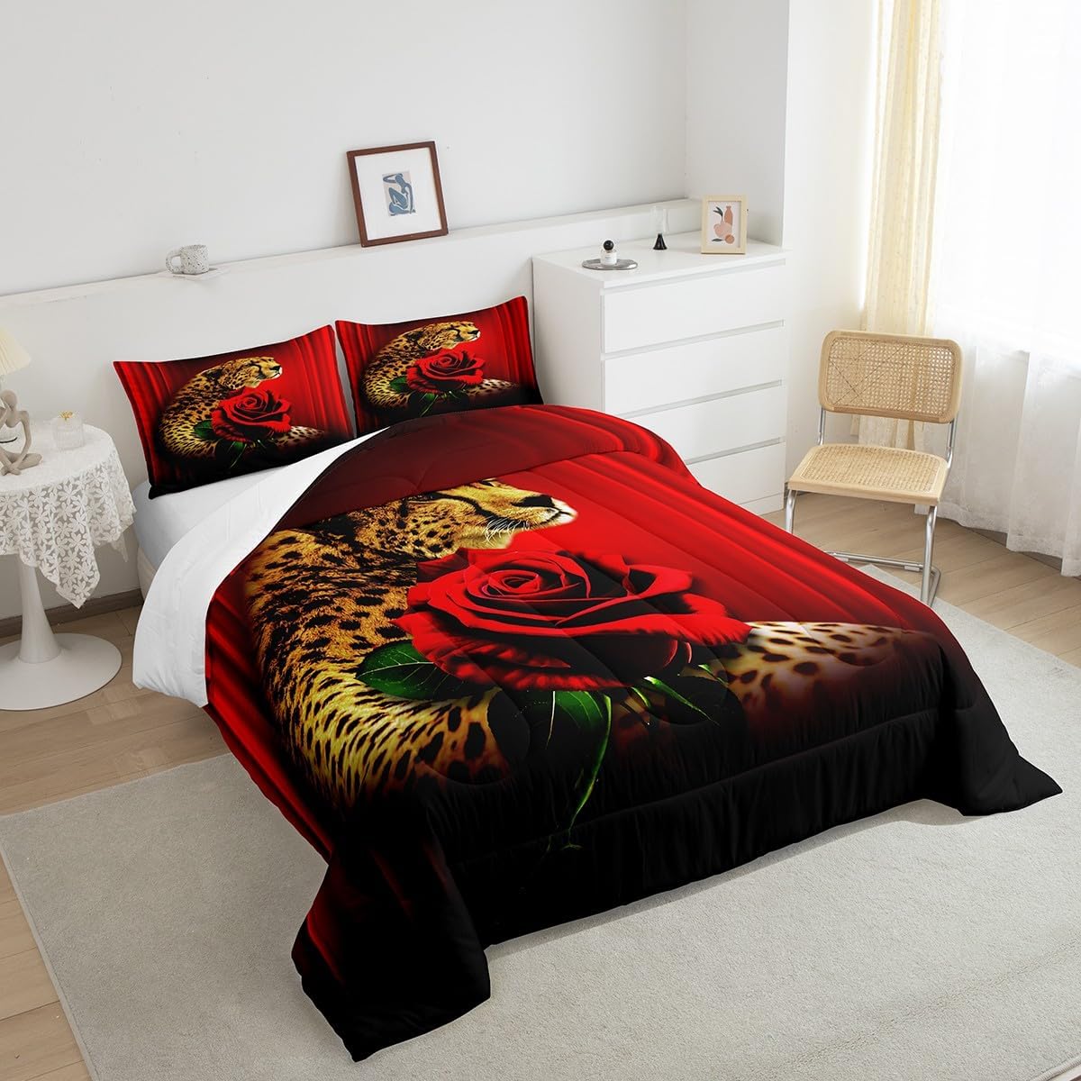 Erosebridal Juego de ropa de cama con diseño de rosa de guepardo, juego de edredón abstracto degradado, tamaño Queen, estampado de leopardo, flores,