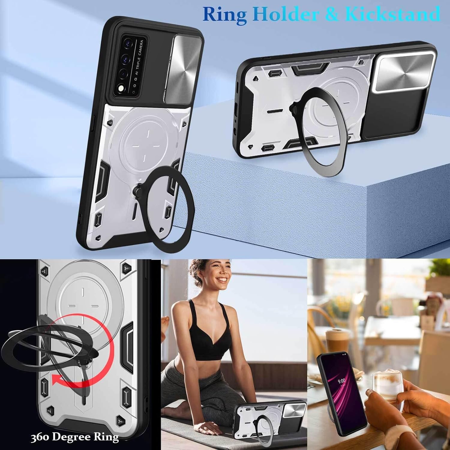 JHWVVTF Funda para teléfono REVVL V+ 5GRevvl V Plus 5G, funda de metal con soporte de anillo para mujeres y hombres, protector de cámara, protección