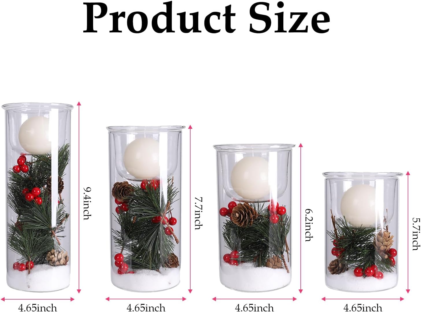 4 portavelas de cristal de Navidad con conos de pino de bayas rojas artificiales, centros de mesa de Navidad para decoración de mesas, manto (sin