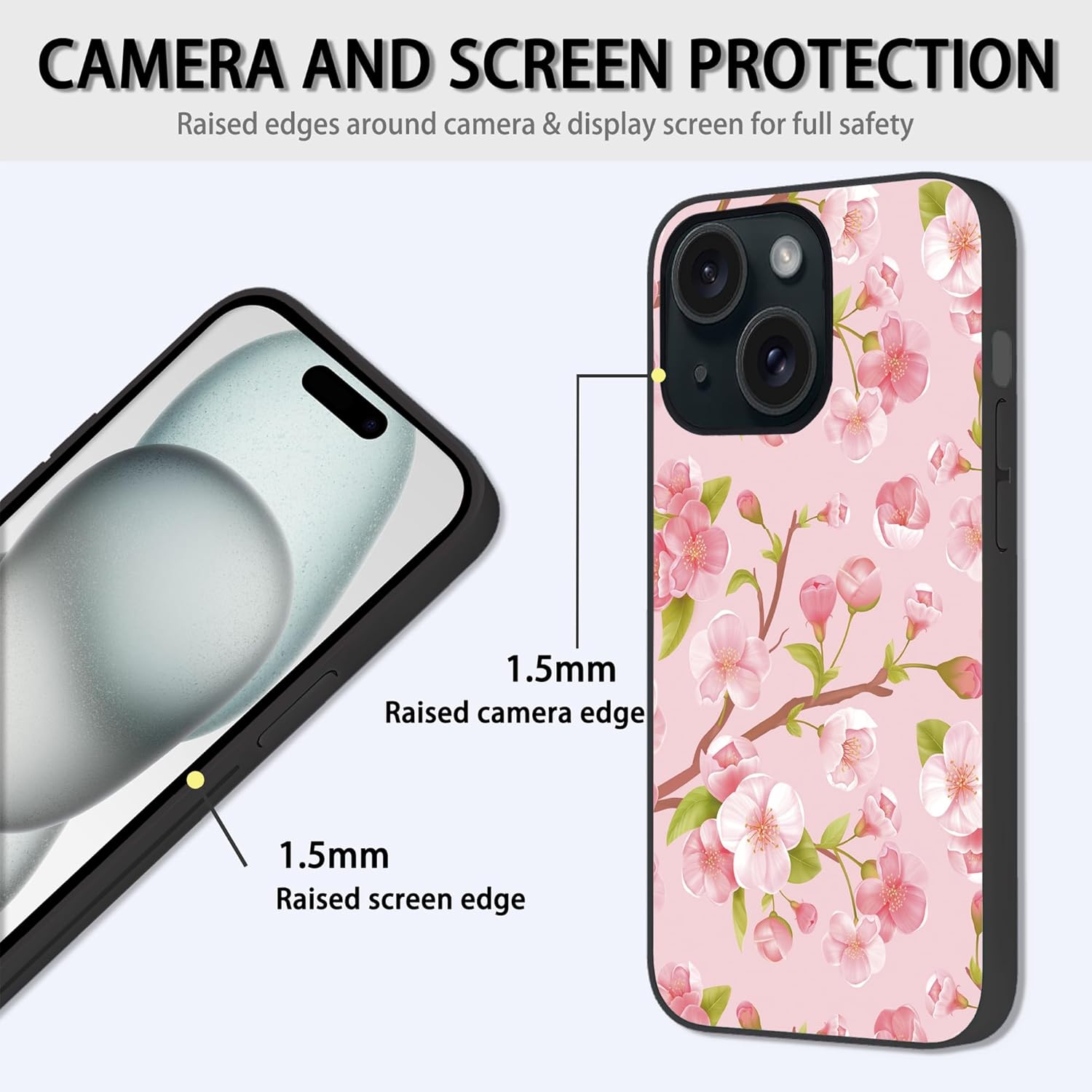 Losthll Funda compatible con iPhone 15 Plus, funda de teléfono con diseño de flores de cerezo, goma de silicona líquida suave, a prueba de golpes,