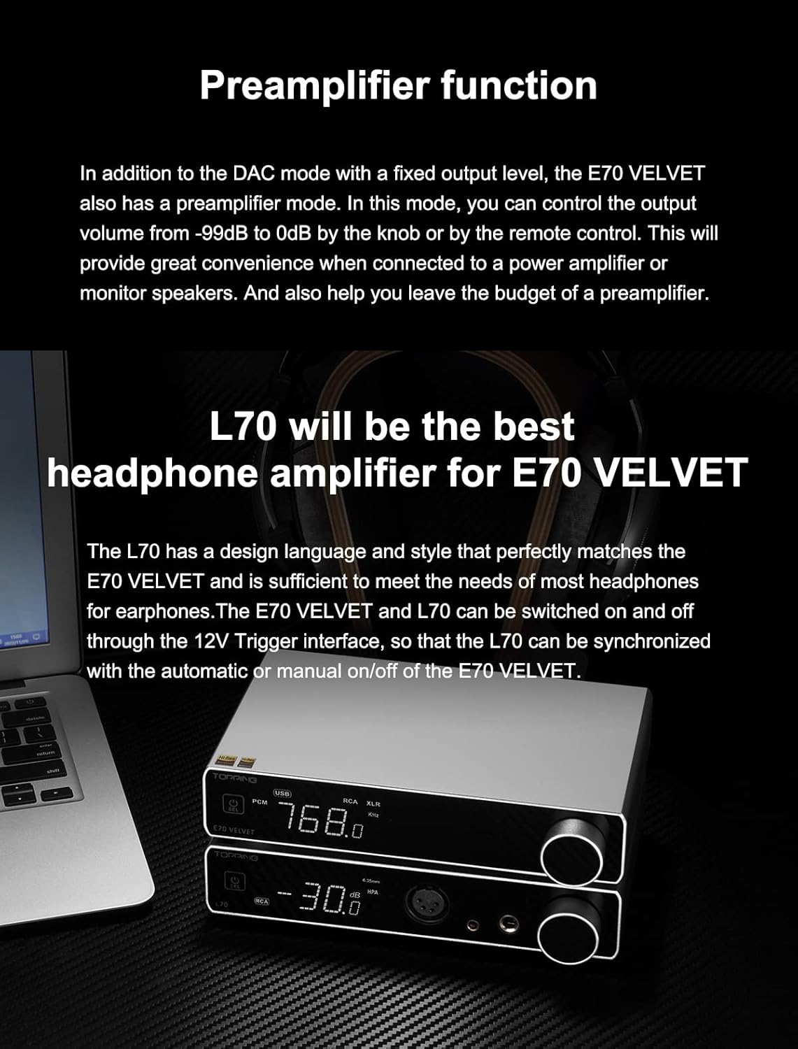 Topping E70 Velvet AK4499EX DAC Audio Decodificador – Bluetooth5.1 LDAC Hi-Res XU316 32Bit768kHz DSD512 BTUSBCoaxialOpt Entradas RCAXLR HiFi Stereo