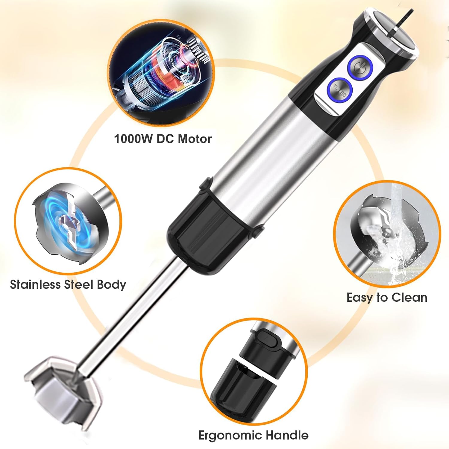 Licuadora de inmersión, licuadora de mano 5 en 1 de 1000 W, 12 velocidades y licuadora de mano de acero inoxidable Turbo con batidor, vaso de
