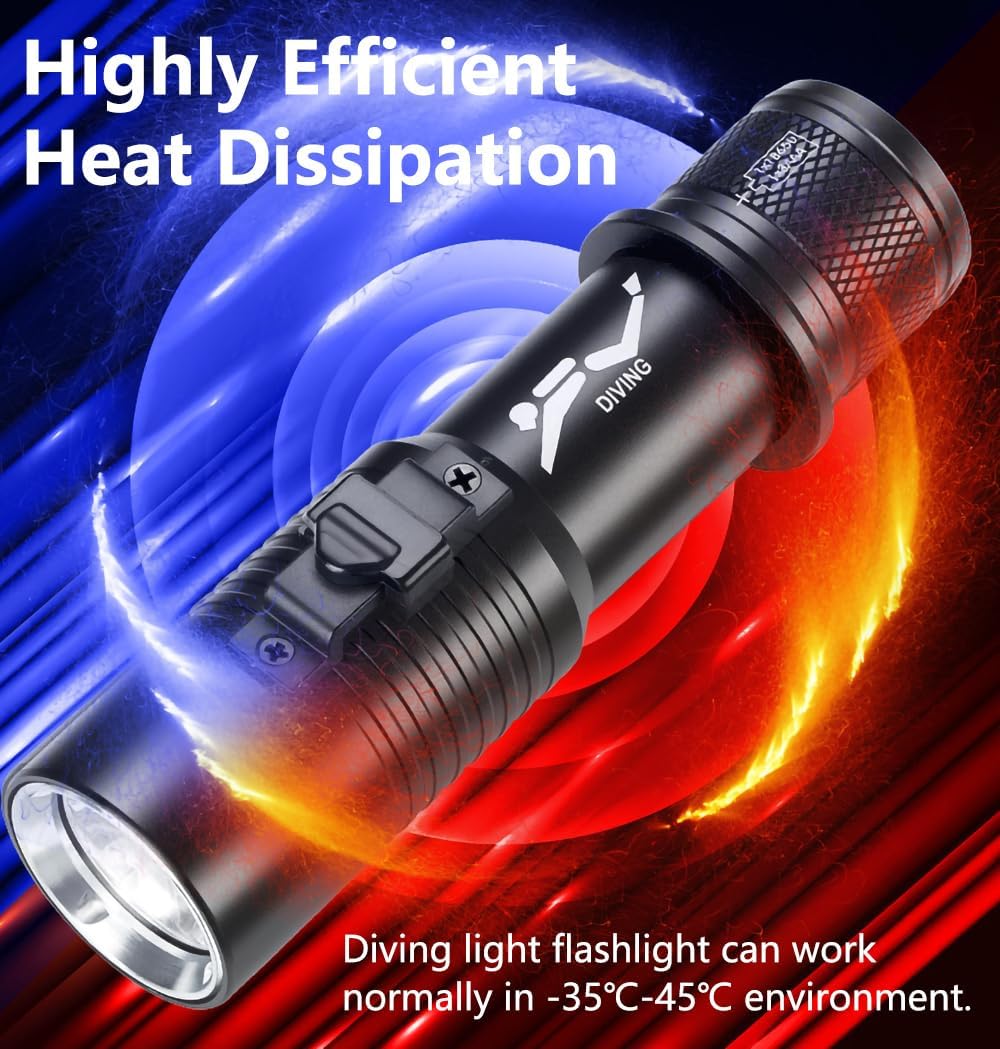 WINDFIRE Linterna de buceo de 1200 lúmenes de alto lumen, luces de buceo LED profesionales, linternas subacuáticas, 98.4 ft, IPX7, impermeable,