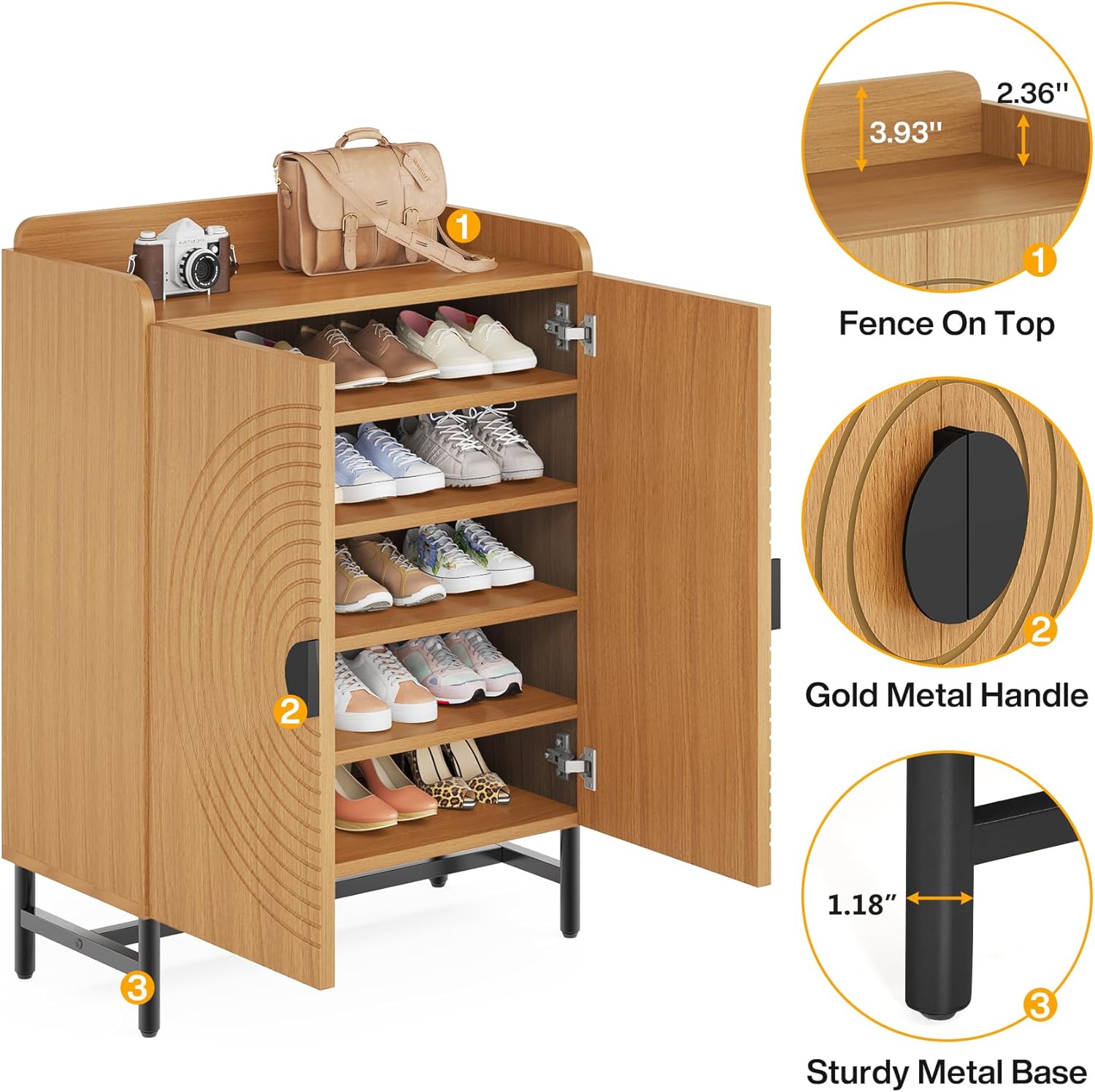 Tribesigns Armario de zapatos con puertas, armario de almacenamiento de zapatos de 6 niveles con estantes ajustables, estante de zapatos de madera